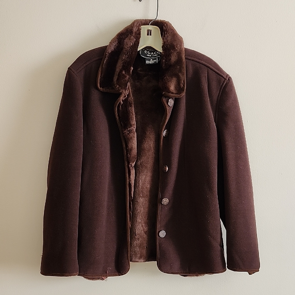 Coaco Vintage Brown Faux Suede Faux Fur Lined Jacket Cozy Chic Vegan Small - Picture 1 of 8